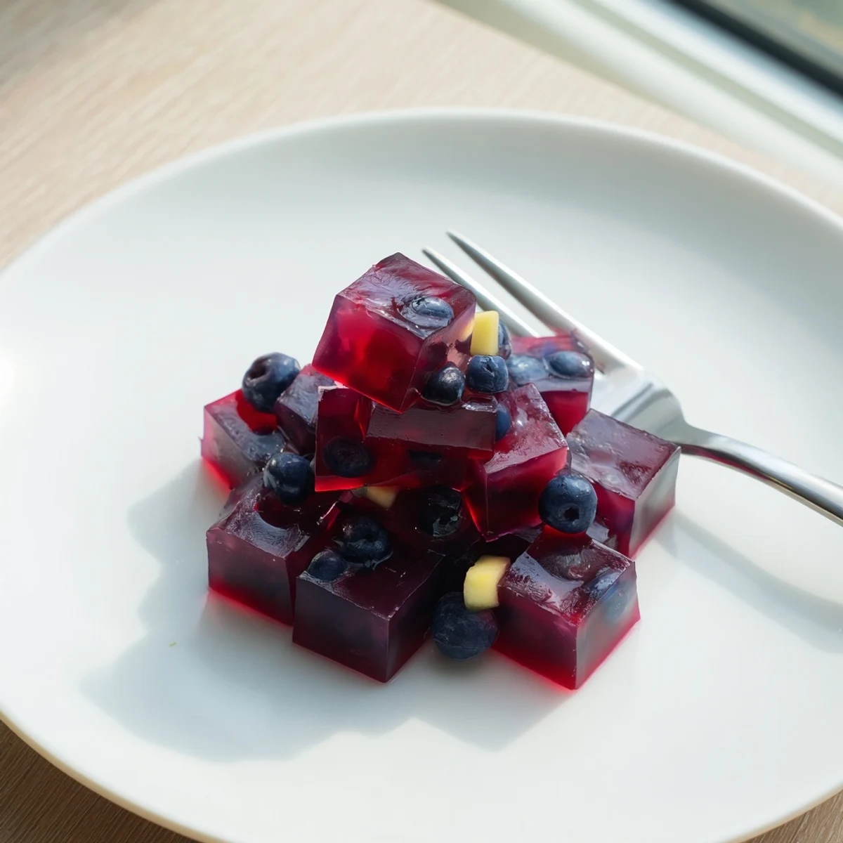 Sparkling collagen fruit jellies topped with fresh berries on a rustic wooden board