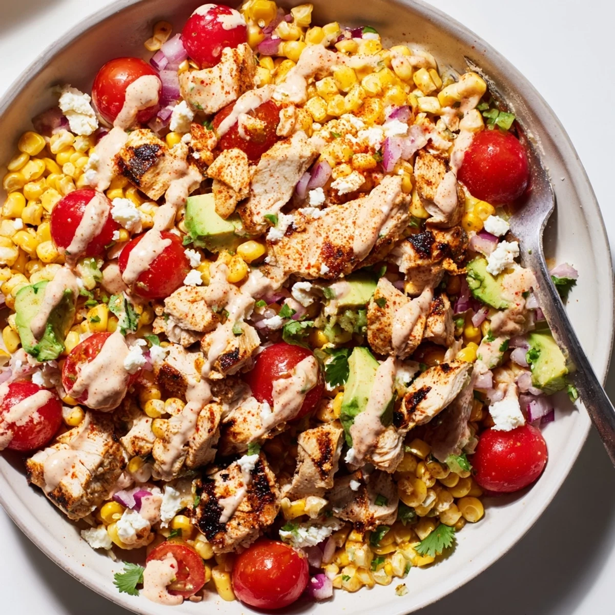 Creamy High Protein Chicken Street Corn Salad topped with crumbled cotija cheese and fresh cilantro