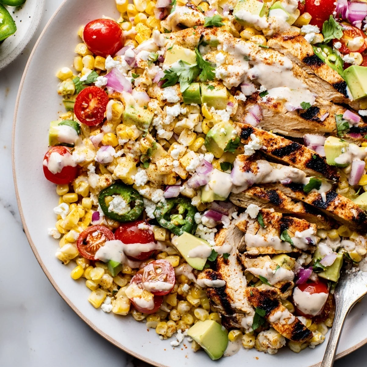 Grilled chicken slices nestled over charred corn and avocado in this High Protein Chicken Street Corn Salad
