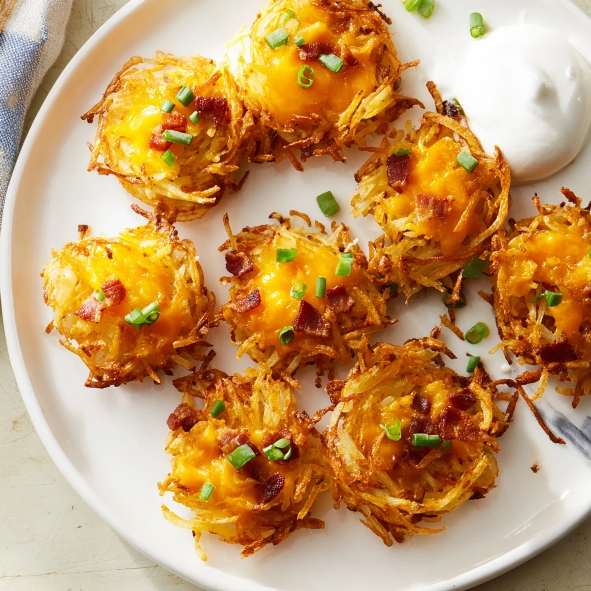 Crispy cheesy loaded hashbrown bites fresh from the oven topped with green onions