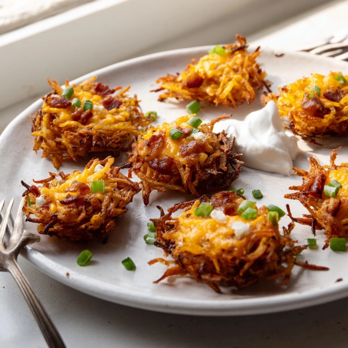 Golden cheesy loaded hashbrown bites with melted cheddar and bacon on a rustic plate