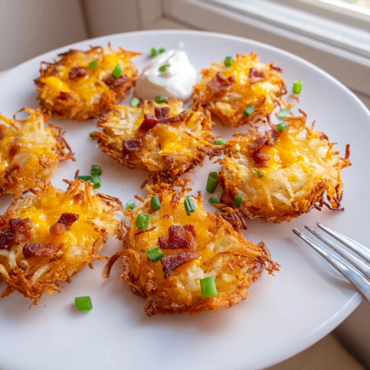 Mini muffin tin of cheesy loaded hashbrown bites oozing with warm sharp cheddar