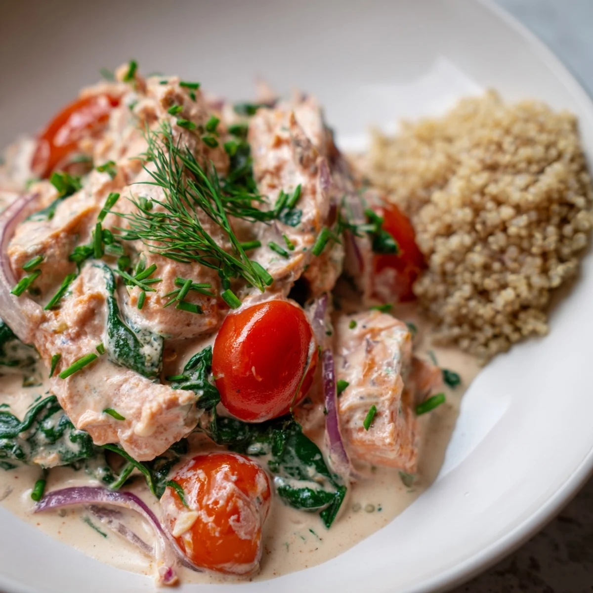 Tender flaked salmon in a tangy yogurt sauce with wilted spinach and tomatoes