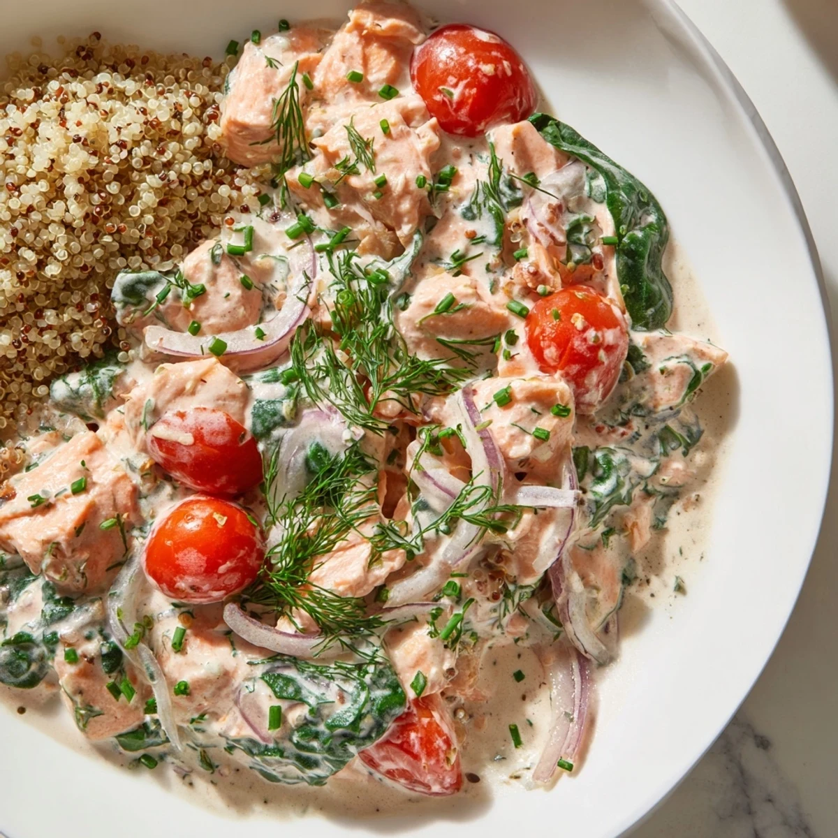 Creamy leftover salmon recipe topped with fresh chives in a golden skillet