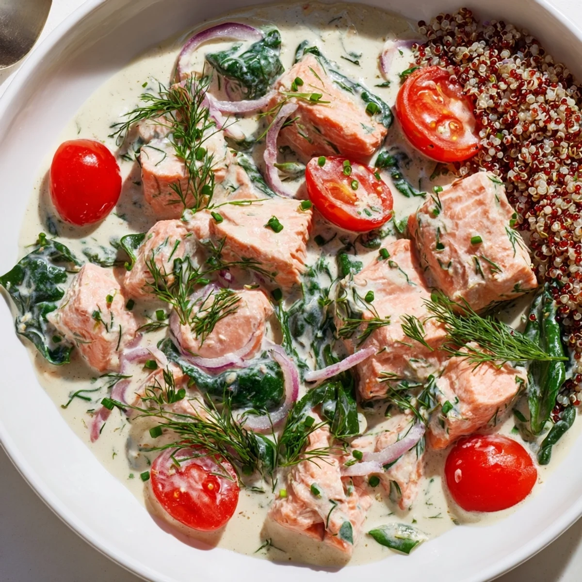 Healthy creamy leftover salmon recipe served steaming hot over a bed of quinoa