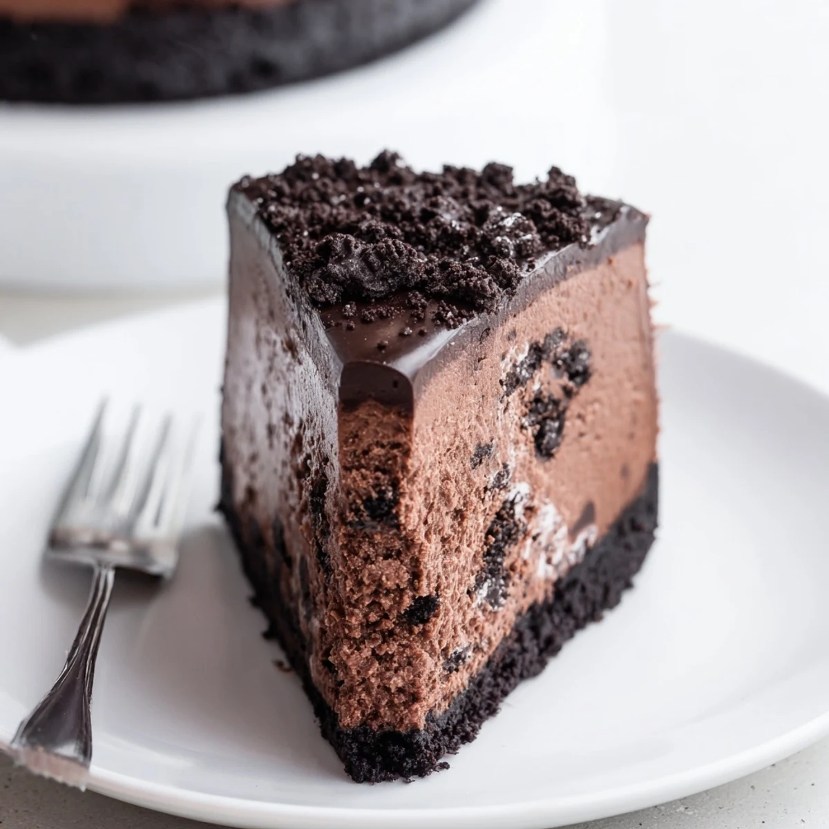 Creamy Oreo chocolate cheesecake topped with glossy ganache on a dark cookie crust