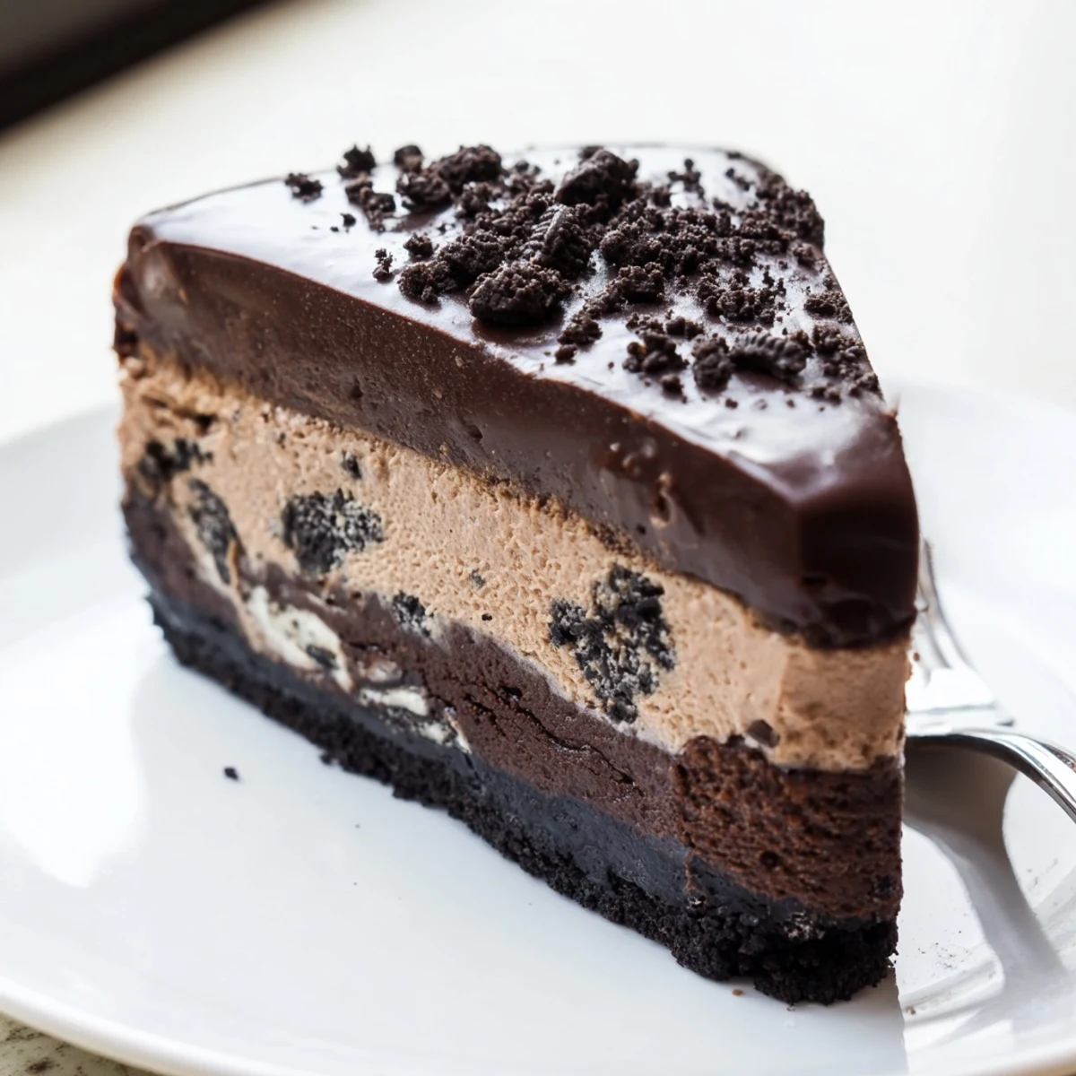 Rich Oreo chocolate cheesecake slice revealing velvety filling and crunchy cookie base