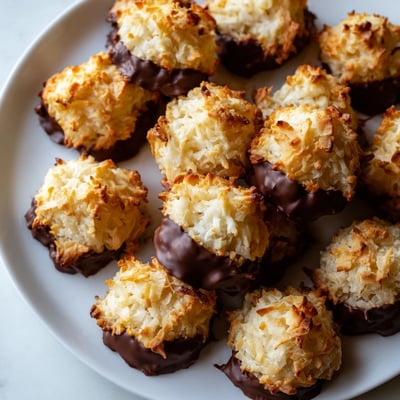 Chewy coconut macaroons dipped in rich semisweet chocolate displayed on rustic parchment paper