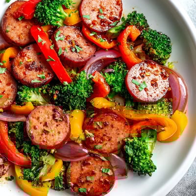 Caramelized sausage rounds and vibrant roasted veggies coated in a sticky honey garlic glaze