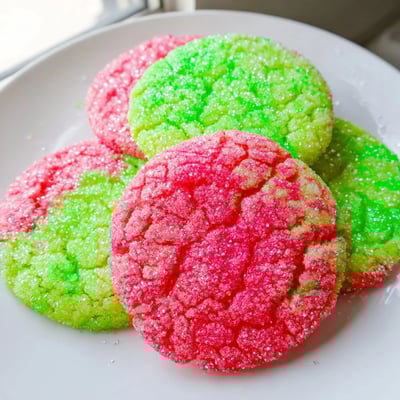Vibrant pink and green Jello sugar cookies arranged on white ceramic serving plate