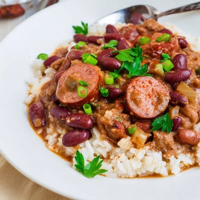 Warm Red Beans and Rice in a rustic bowl, fragrant with thyme