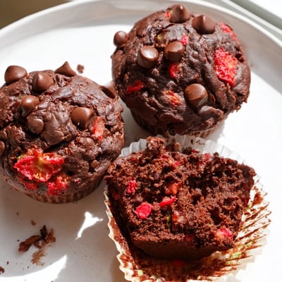 Moist chocolate zucchini strawberry muffins fresh from the oven, tops cracked and golden