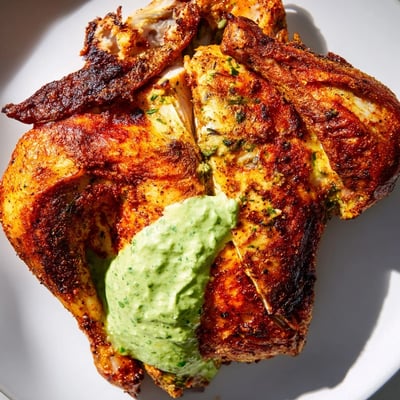 Juicy Peruvian chicken sliced on a platter with creamy cilantro sauce