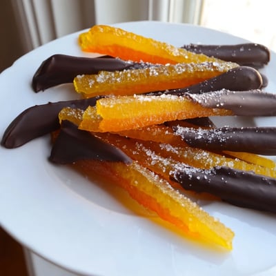 Dark chocolate covered orange peels with translucent candied citrus strips glistening