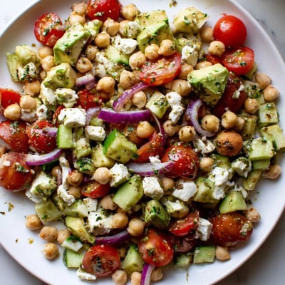 Chickpea feta avocado salad topped with crumbled cheese and juicy cherry tomatoes