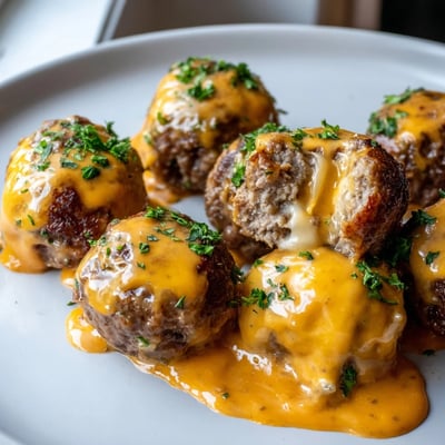Cheese stuffed meatballs with spicy cheese sauce drizzled over a rustic cutting board
